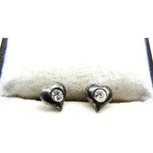 VTG 925 Sterling Silver Heart Rhinestone Post Earrings